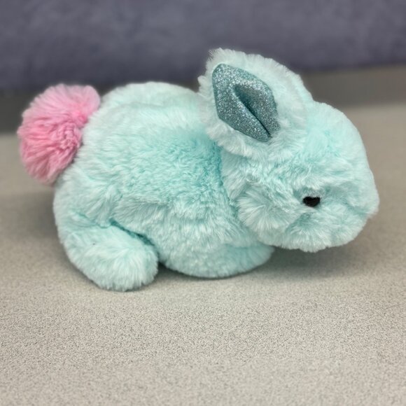 FAO Schwarz Bunny Rabbit Plush Stuffed Animal Light Blue Pink Tail Glitter Ears - Picture 3 of 8